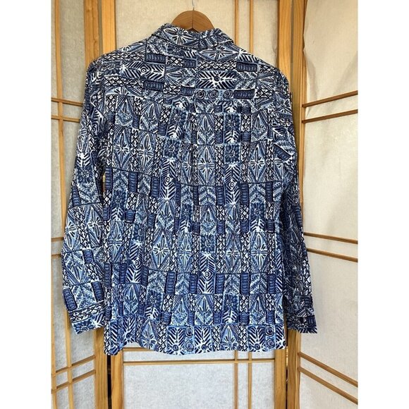 Appleseeds Women’s SM Blue Crinkled Cotton Geometric Print Button Down Shirt NWT - Picture 8 of 12